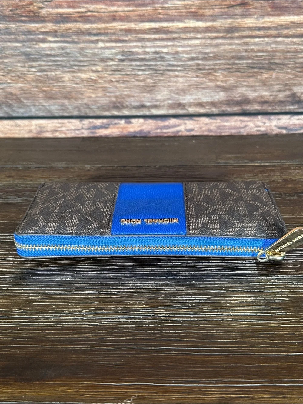 Michael Kors Brown Logo Wallet with Blue Center Panel